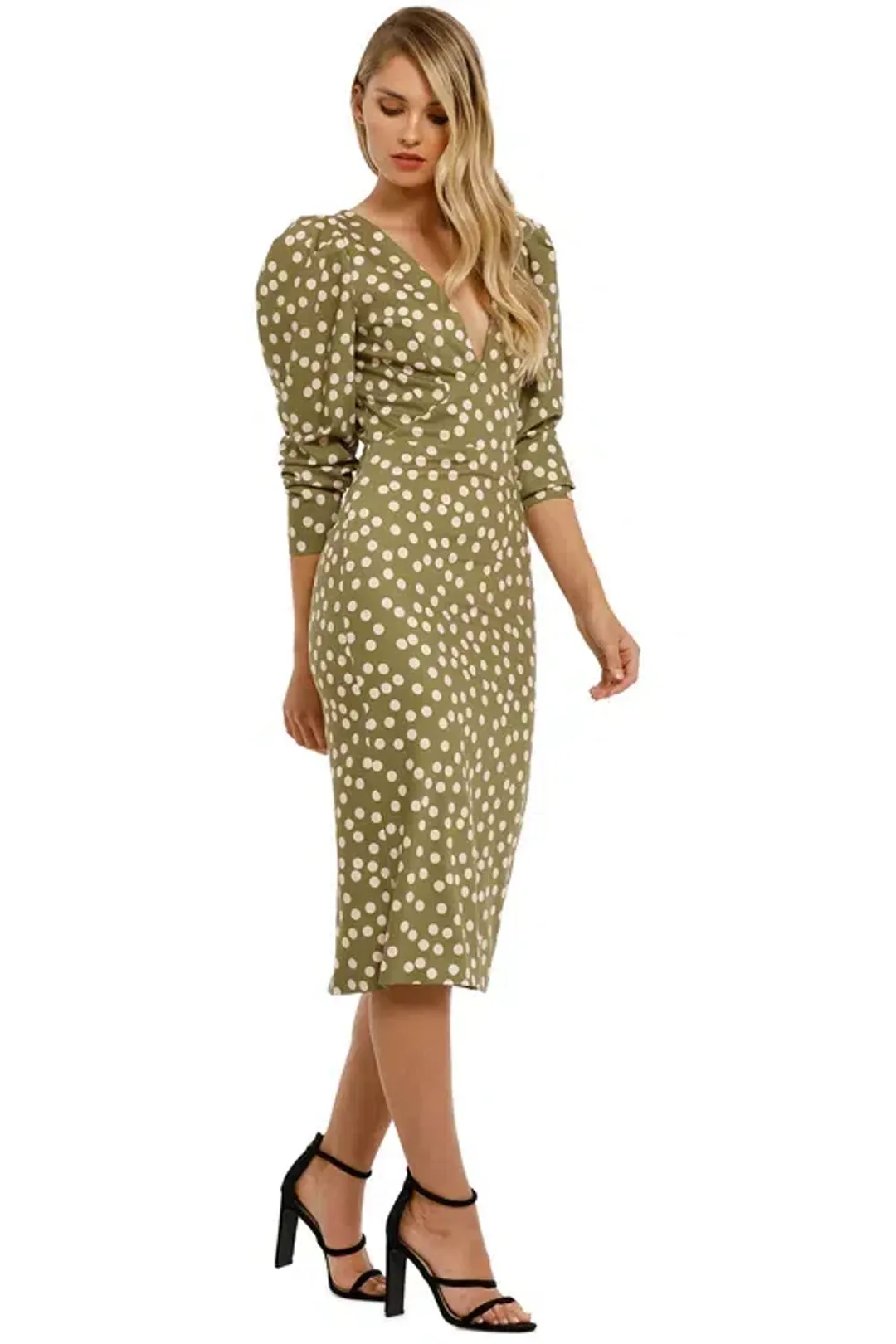 By Johnny Peach Polka V Plunge Midi Dress Olive Green Khaki Size AU 6 for rent on The Volte - main image