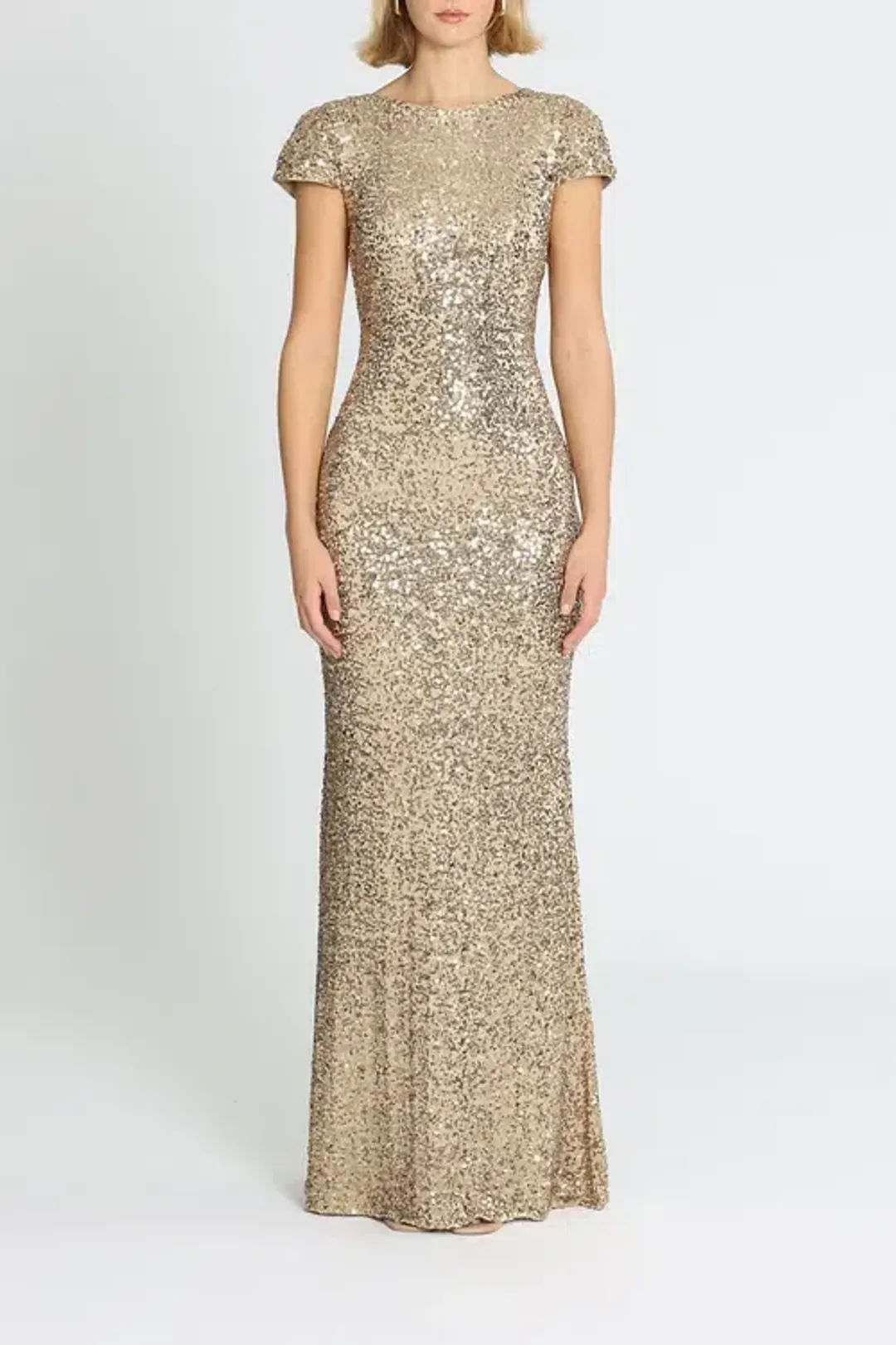 Badgley Mischka Sequin Cowl Back Gown Gold Size 10 for rent on The Volte - main image