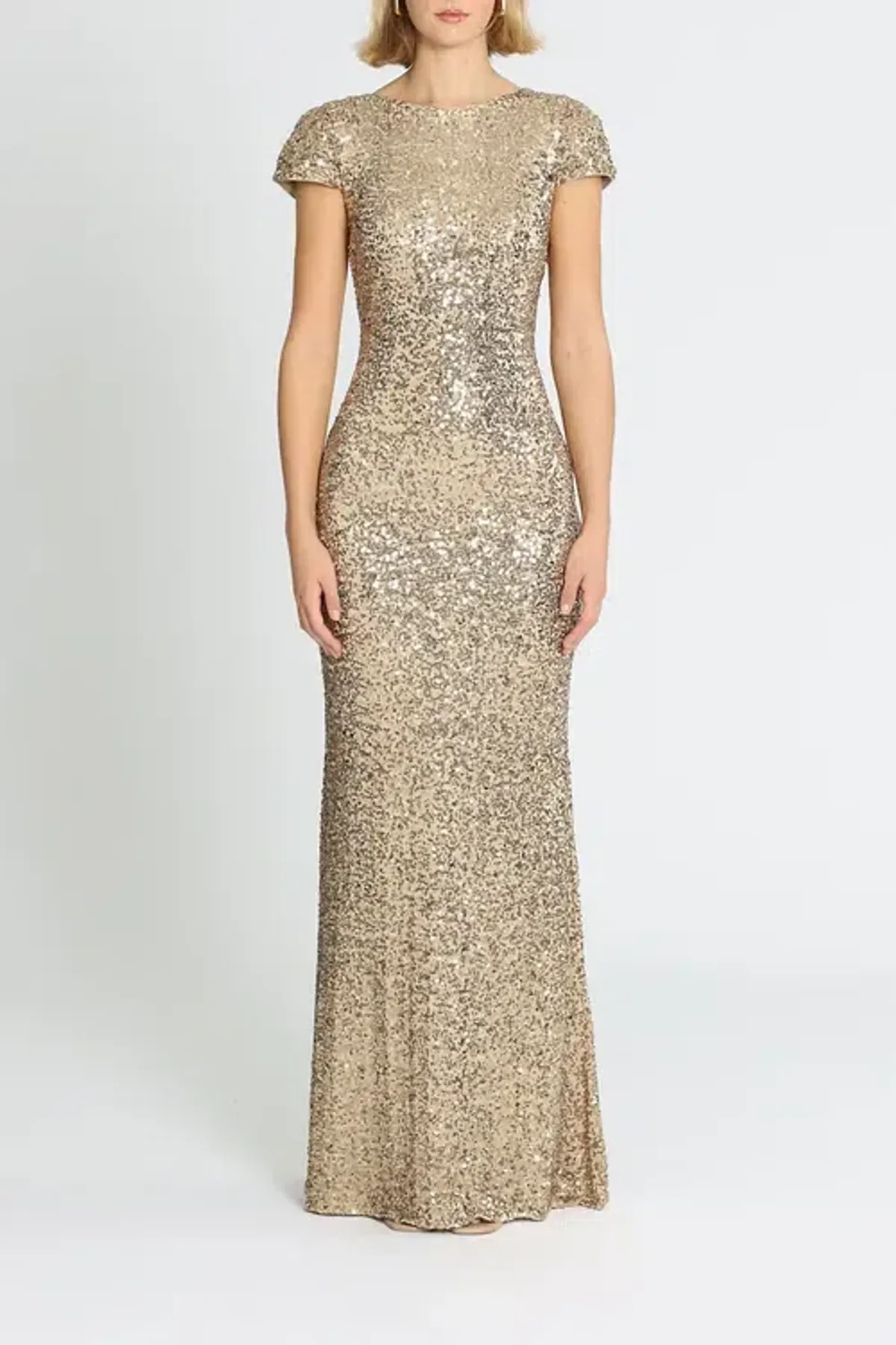 Badgley Mischka Sequin Cowl Back Gown Gold Size 10 for rent on The Volte - main image