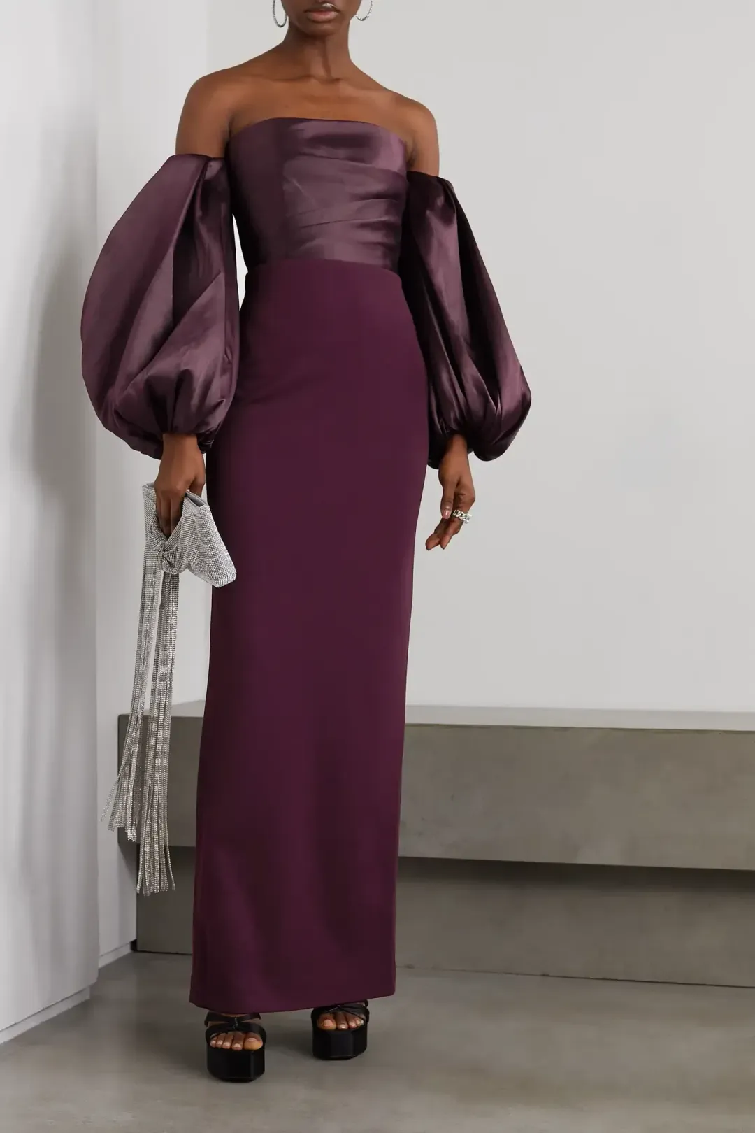 Solace London Carmen Off-the-shoulder Gathered Satin And Crepe Maxi Dress Purple Size AU 8 for rent on The Volte - main image