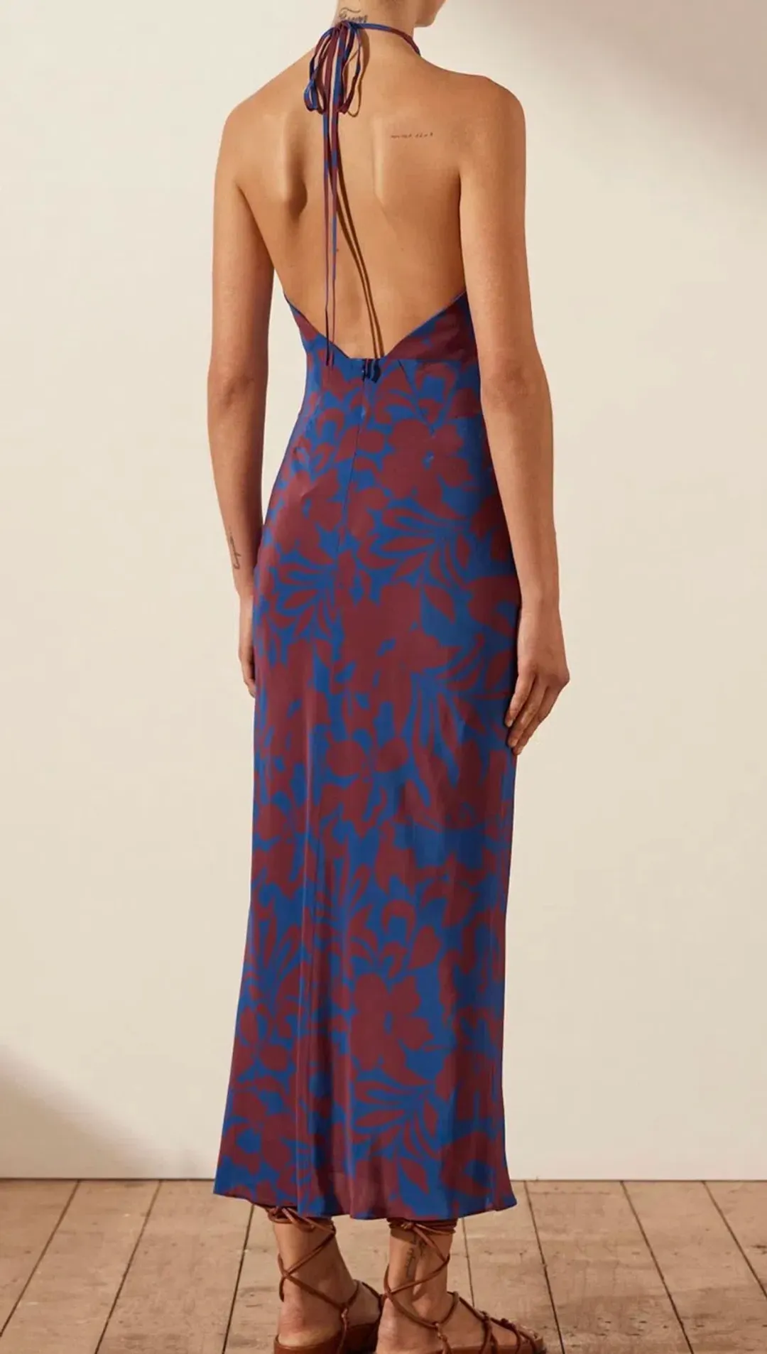 Shona Joy Vida Silk Cross Front Halter Bias Midi Dress Strong Blue Deep Wine Size AU 6  for rent on The Volte - main image