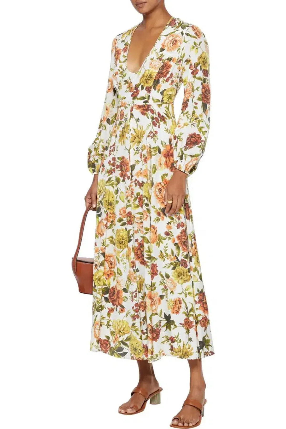 Zimmermann Zippy Plunge Long Dress Peachy Autumn Floral Size 14 for rent on The Volte - main image