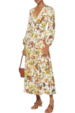 Zimmermann Zippy Plunge Long Dress Peachy Autumn Floral Size 14 for rent on The Volte - image 1