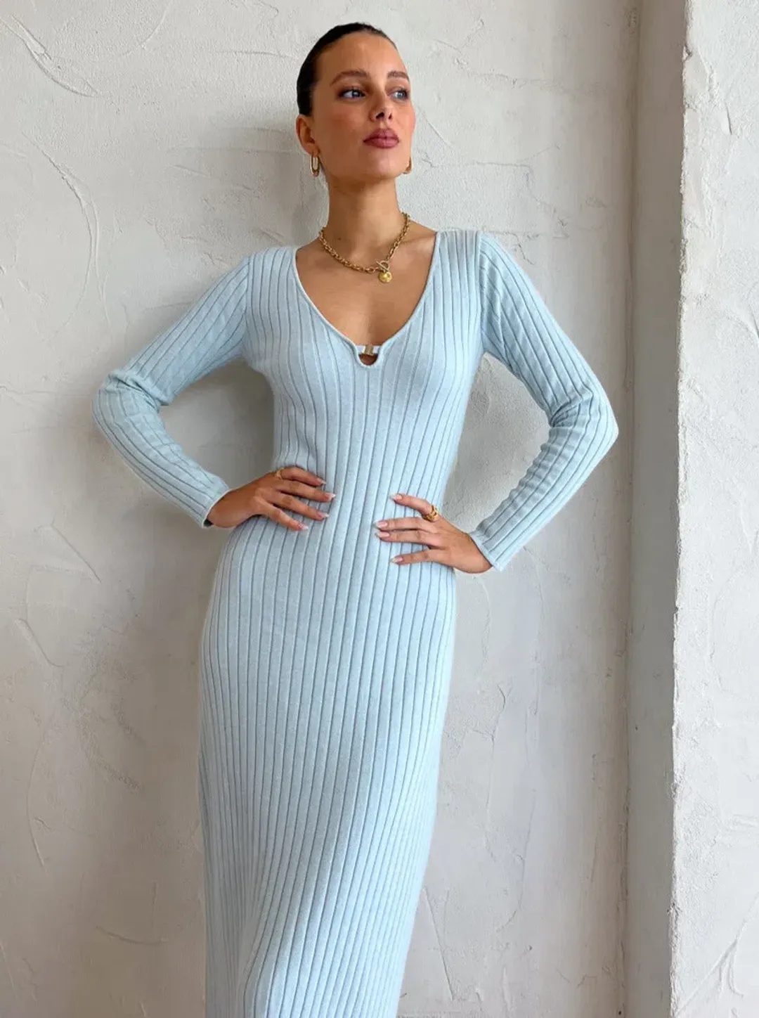 By Nicola Astrology Midi Knit Dress In Ice Blue Size AU 10 for rent on The Volte - main image