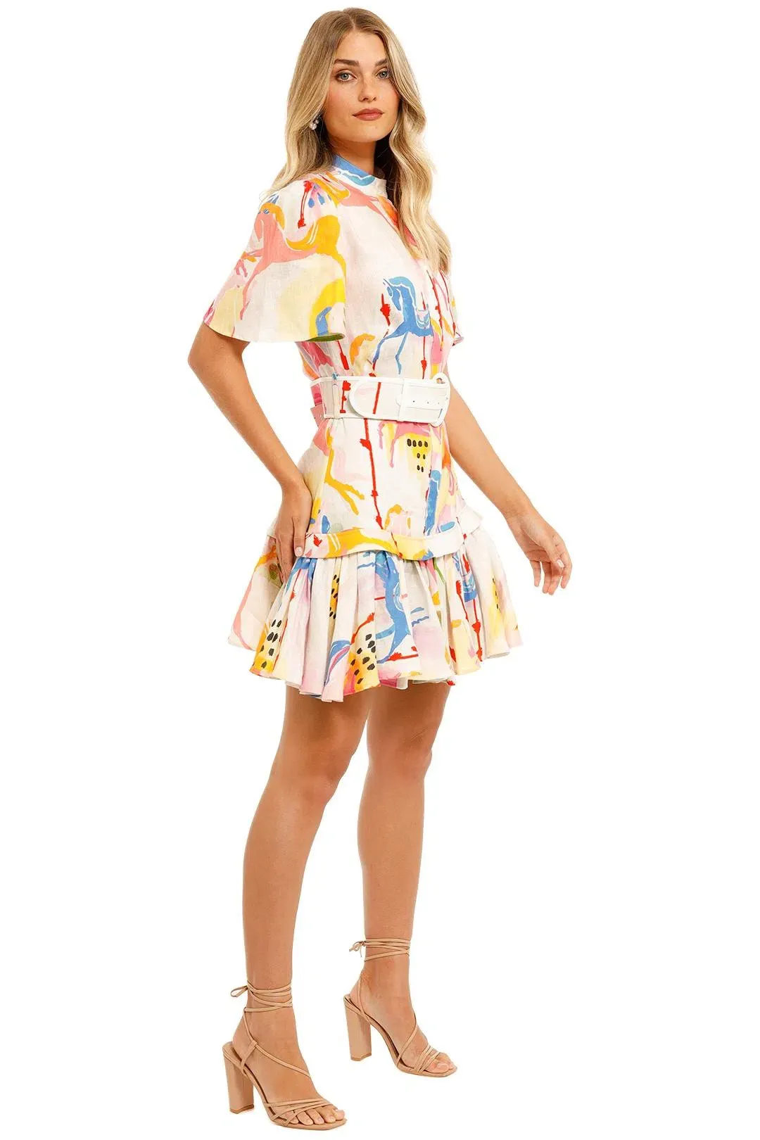Leo Lin Carousel Linen Shirt Dress Rainbow Carousel Multi Print Size 8 for rent on The Volte - main image