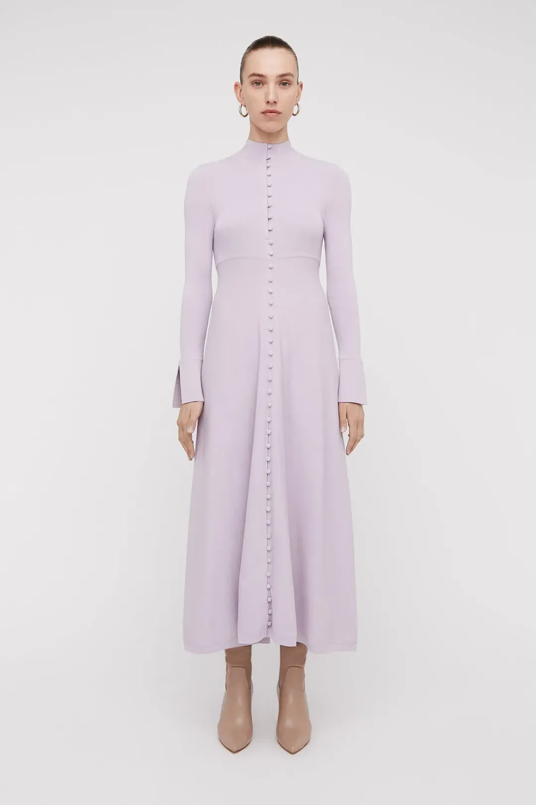 Scanlan Theodore Crepe Knit Button Polo Dress Pale Mauve Size 8 for rent on The Volte - main image