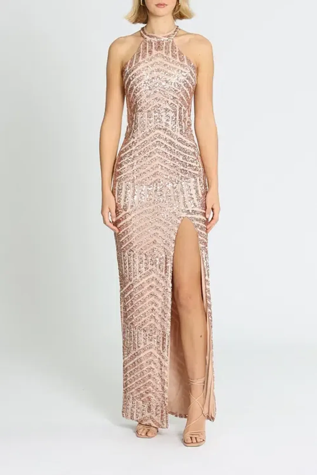 L'amour Diana Halter Gown Blush Rose Gold Size AU 18 for rent on The Volte - main image