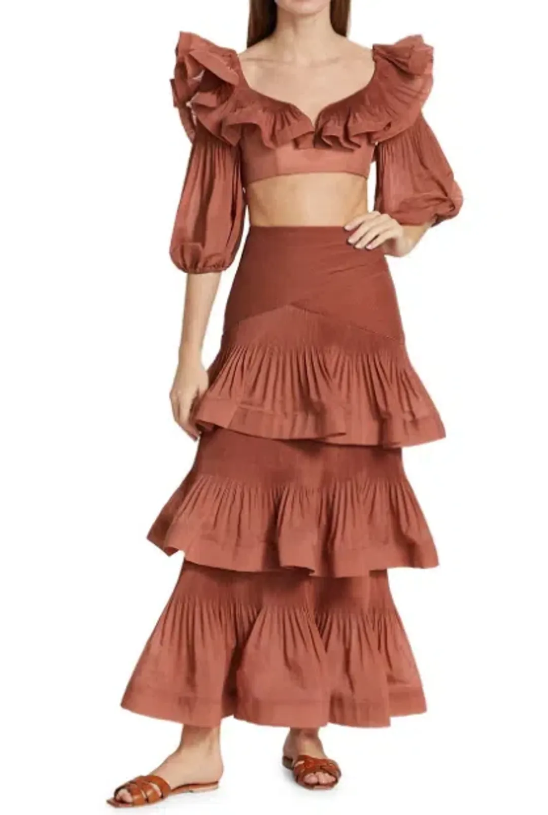 Zimmermann Ruffled Cropped Bodice and Pleated Tiered Skirt Set Aragon Size 1 / AU 10 for rent on The Volte - main image