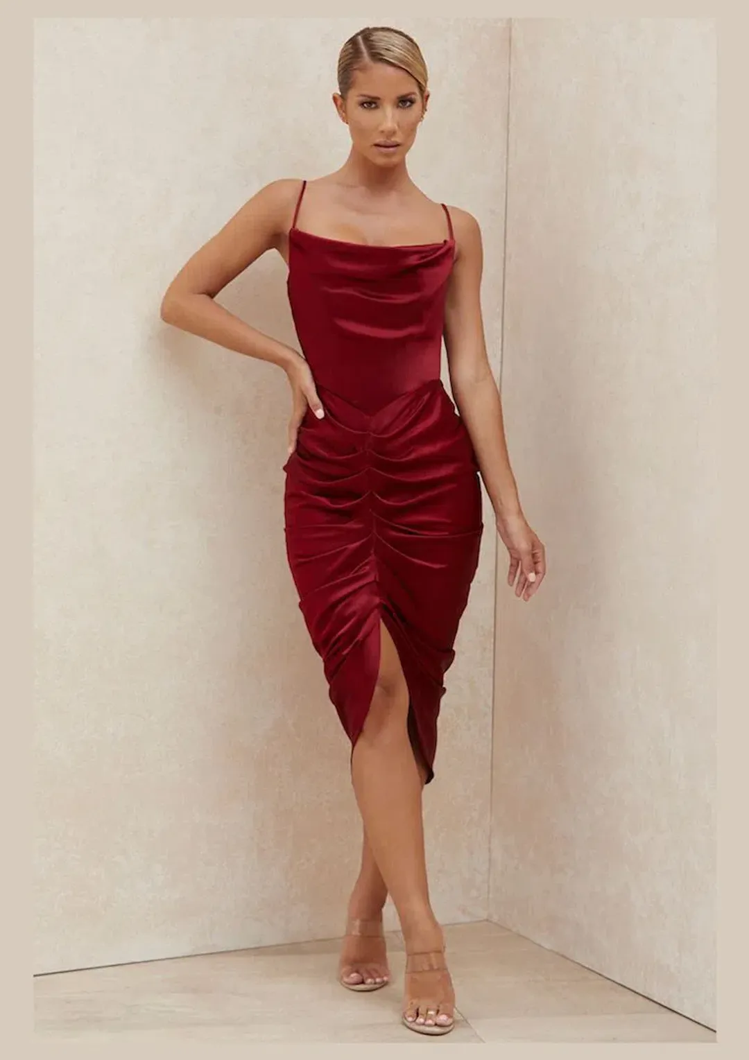 House of CB Nera Satin Draped Corset Dress Wine Size 6 for rent on The Volte - main image