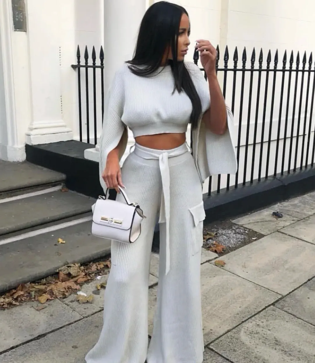 House of CB Zaria Ribbed Sweater and McKenzie Utility Trousers Set Oatmeal Size XS/S for rent on The Volte - main image