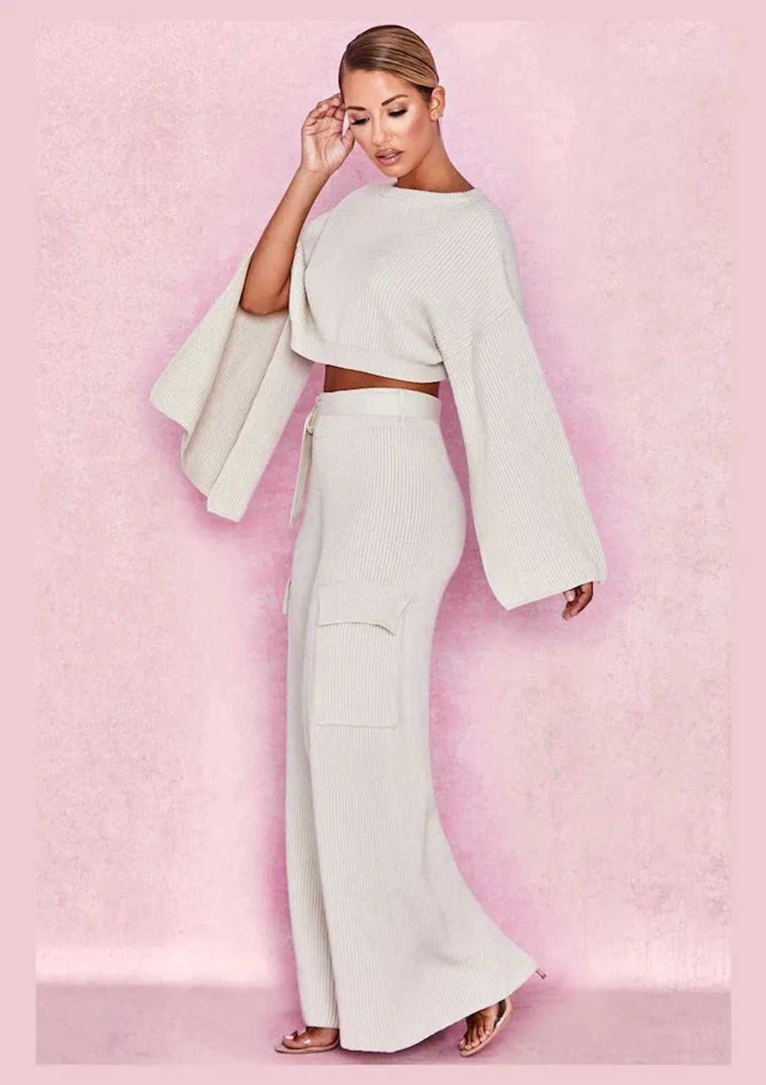 House of CB Zaria Ribbed Sweater and McKenzie Utility Trousers Set Oatmeal Size XS/S for rent on The Volte - main image