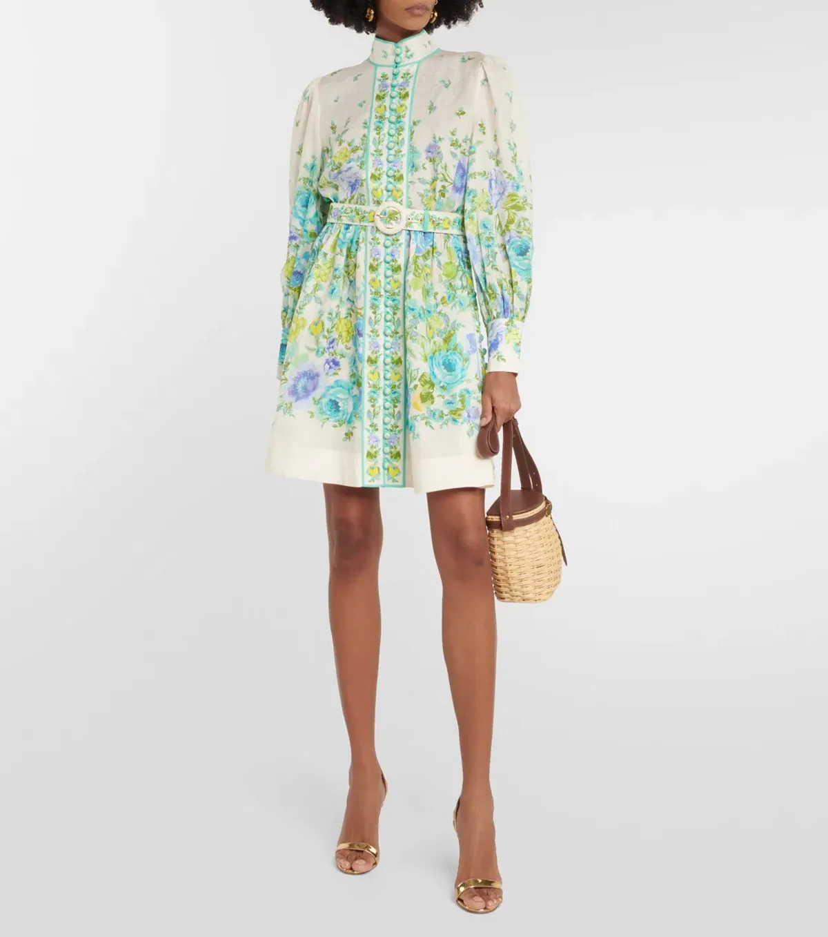 Zimmermann The Raie Buttoned Mini Dress in Teal / Blue Floral Size 1 / AU 10 for rent on The Volte - main image