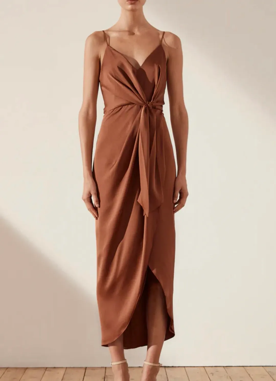 Shona Joy Luxe Tie Front Cocktail Dress Mocha Size AU 16 for rent on The Volte - main image