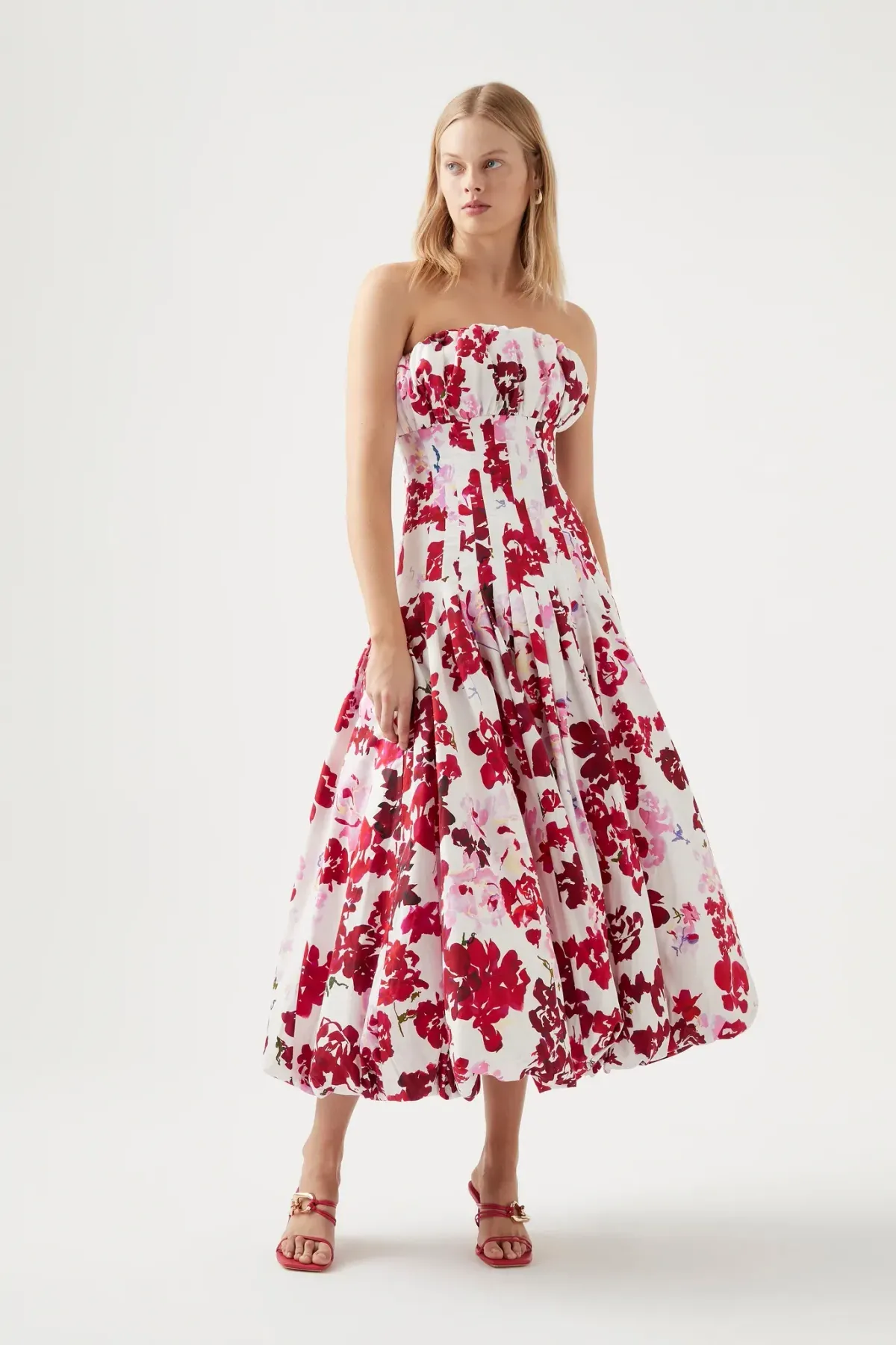 Aje Mathilde Bubble Hem Midi Dress Rose Print Size 12 for rent on The Volte - main image