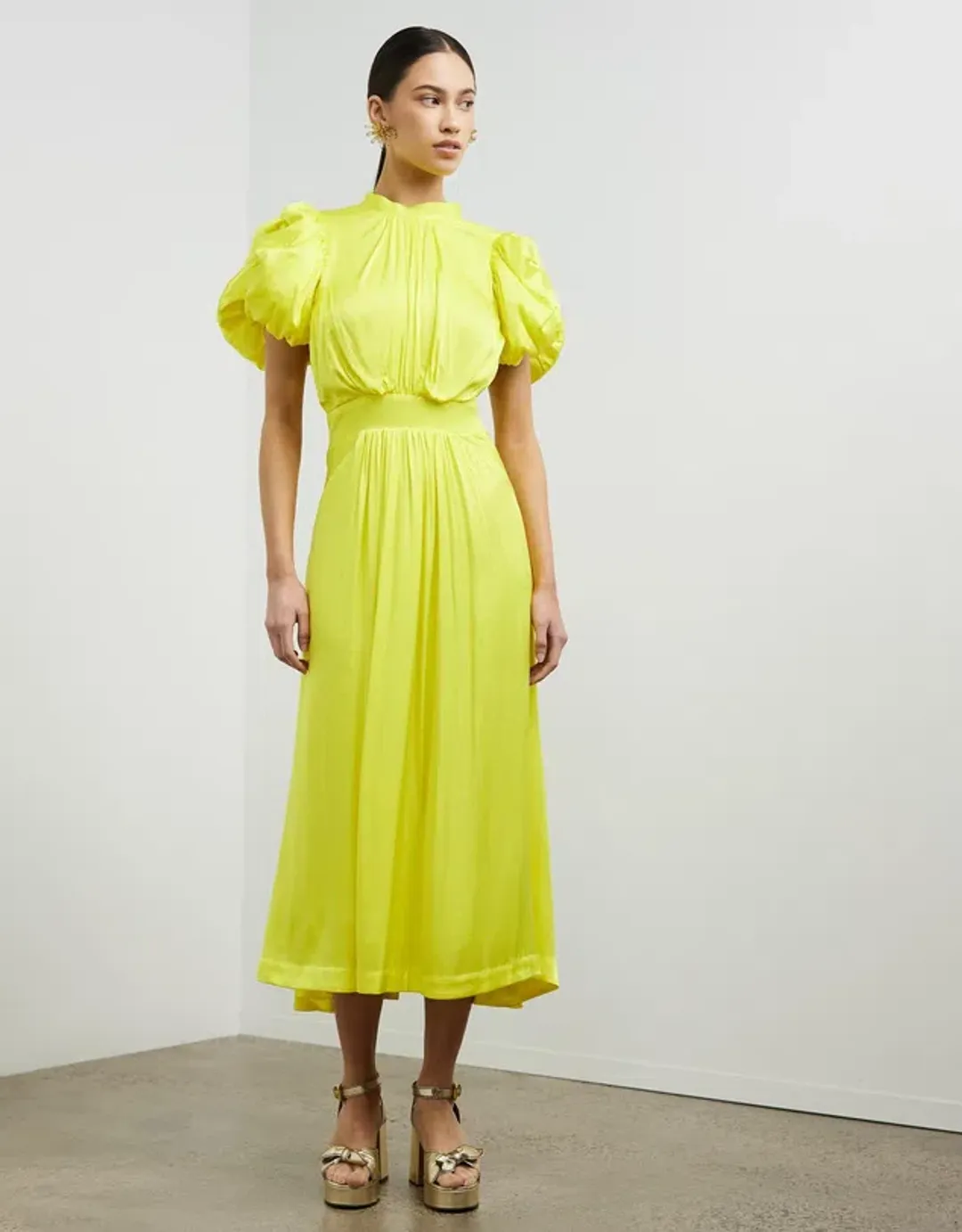 Rotate By Birger Christensen Heavy Satin Midi Dress Blazing Yellow Size 10 for rent on The Volte - main image