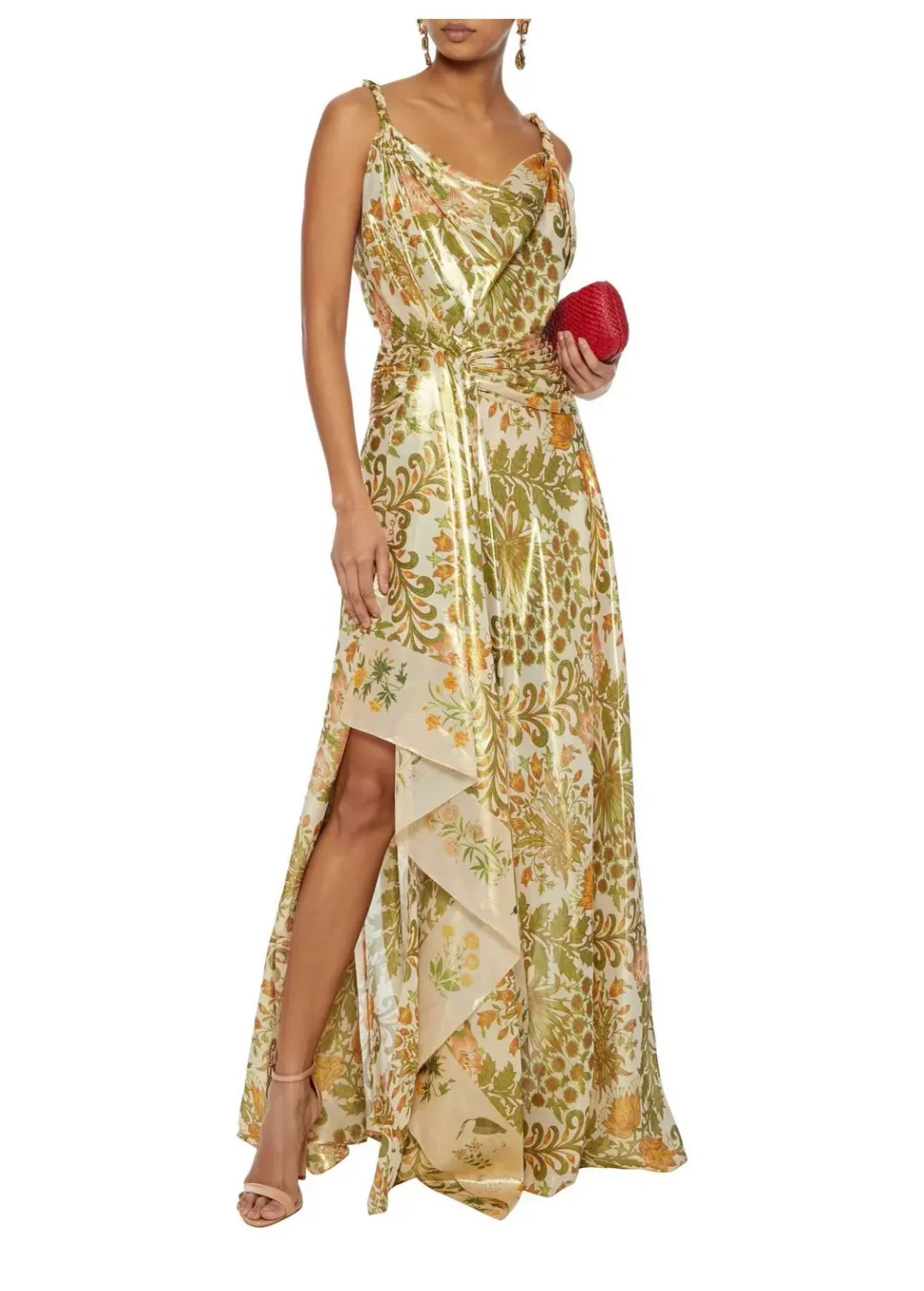 Oscar De La Renta Metallic Lamé Silk-Blend Crepe De Chine Gown Sage Green Size US 6 (AU 10) for rent on The Volte - main image