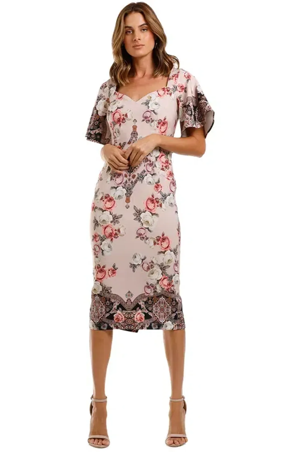 Pasduchas Chichi Sleeve Midi Dress Blush Floral Size 10 for rent on The Volte - main image