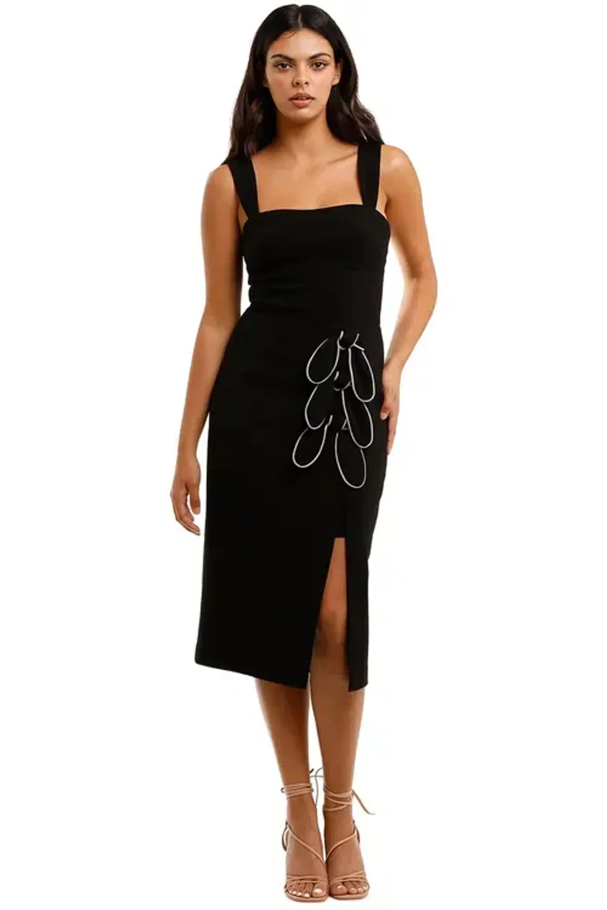 Rebecca Vallance Celeste Tie Midi Dress Black Black Black and White Size 8 for rent on The Volte - main image