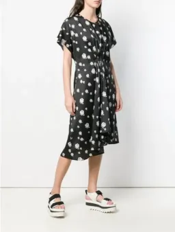 Kenzo Gathered Rose-Print Asymmetric Midi Dress Black/White Size 10 for rent on The Volte - image 4