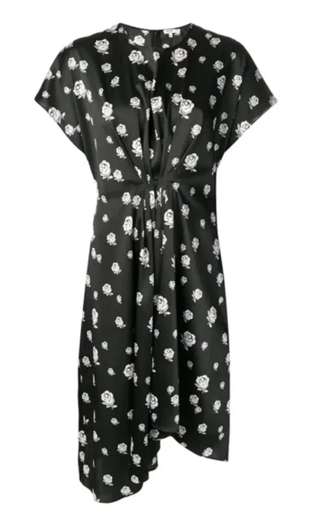 Kenzo Gathered Rose-Print Asymmetric Midi Dress Black/White Size 10 for rent on The Volte - main image