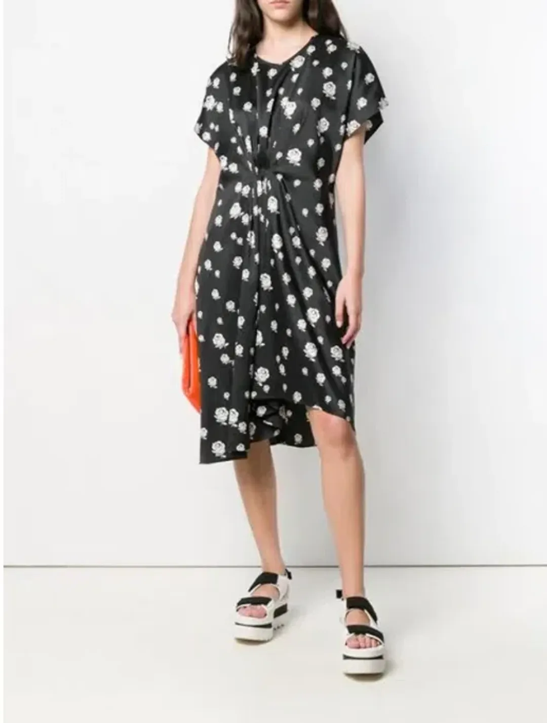 Kenzo Gathered Rose-Print Asymmetric Midi Dress Black/White Size 10 for rent on The Volte - main image