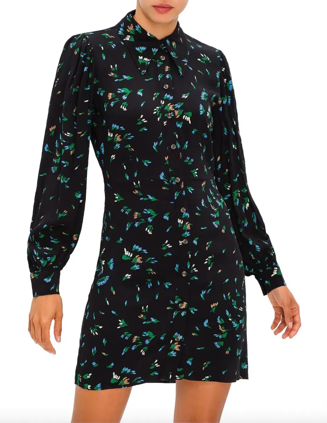 Ganni Printed Crepe Floral Shirt Mini Dress Black/Verdant Green Print Size 12 for rent on The Volte - main image