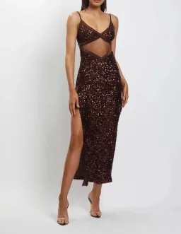 Meshki Amirah Mesh Cut Out Sequin Maxi Dress Brown Size XS / AU 6 for rent on The Volte - image 1