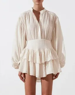Shona Joy Mila Button Up Frill Mini Dress Beige/Tofu Size AU 16 for rent on The Volte - image 2