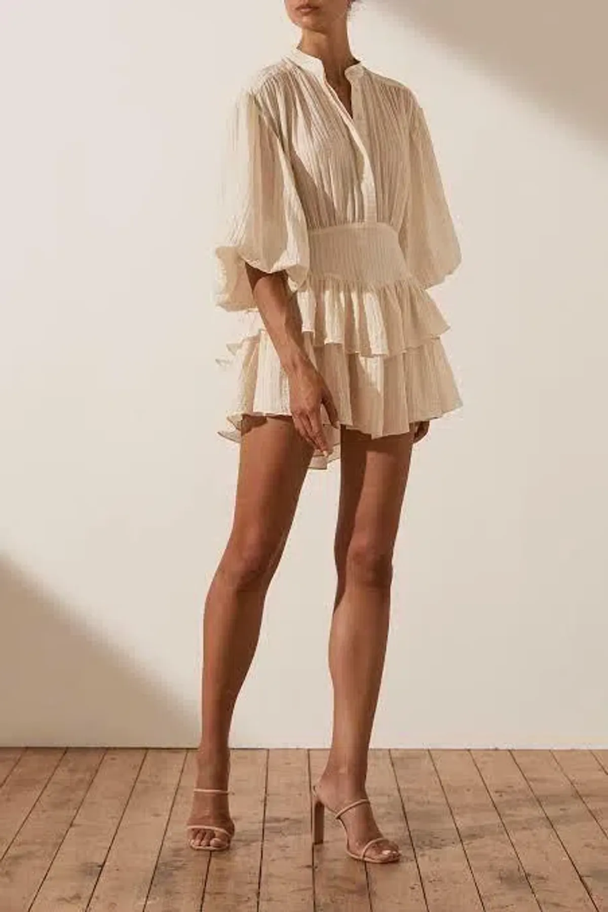 Shona Joy Mila Button Up Frill Mini Dress Beige/Tofu Size AU 16 for rent on The Volte - main image