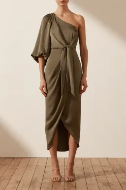 Shona Joy Luxe Tie Front One Shoulder Dress in Pine Size AU 8 / S for rent on The Volte - image 1