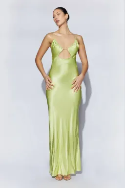 Meshki Sadie Maxi Satin Halterneck Ruched Slip Dress Pistachio Green Size 6 for rent on The Volte - image 1