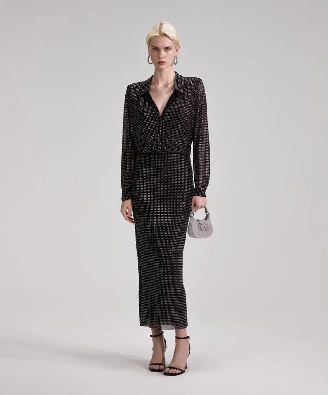 Self Portrait Rhinestone Midi Shirt Dress Black Size 10 for rent on The Volte - main image