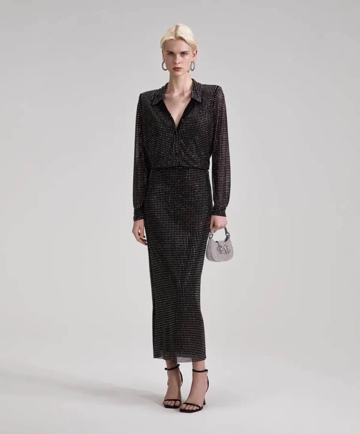 Self Portrait Rhinestone Midi Shirt Dress Black Size 10 for rent on The Volte - main image