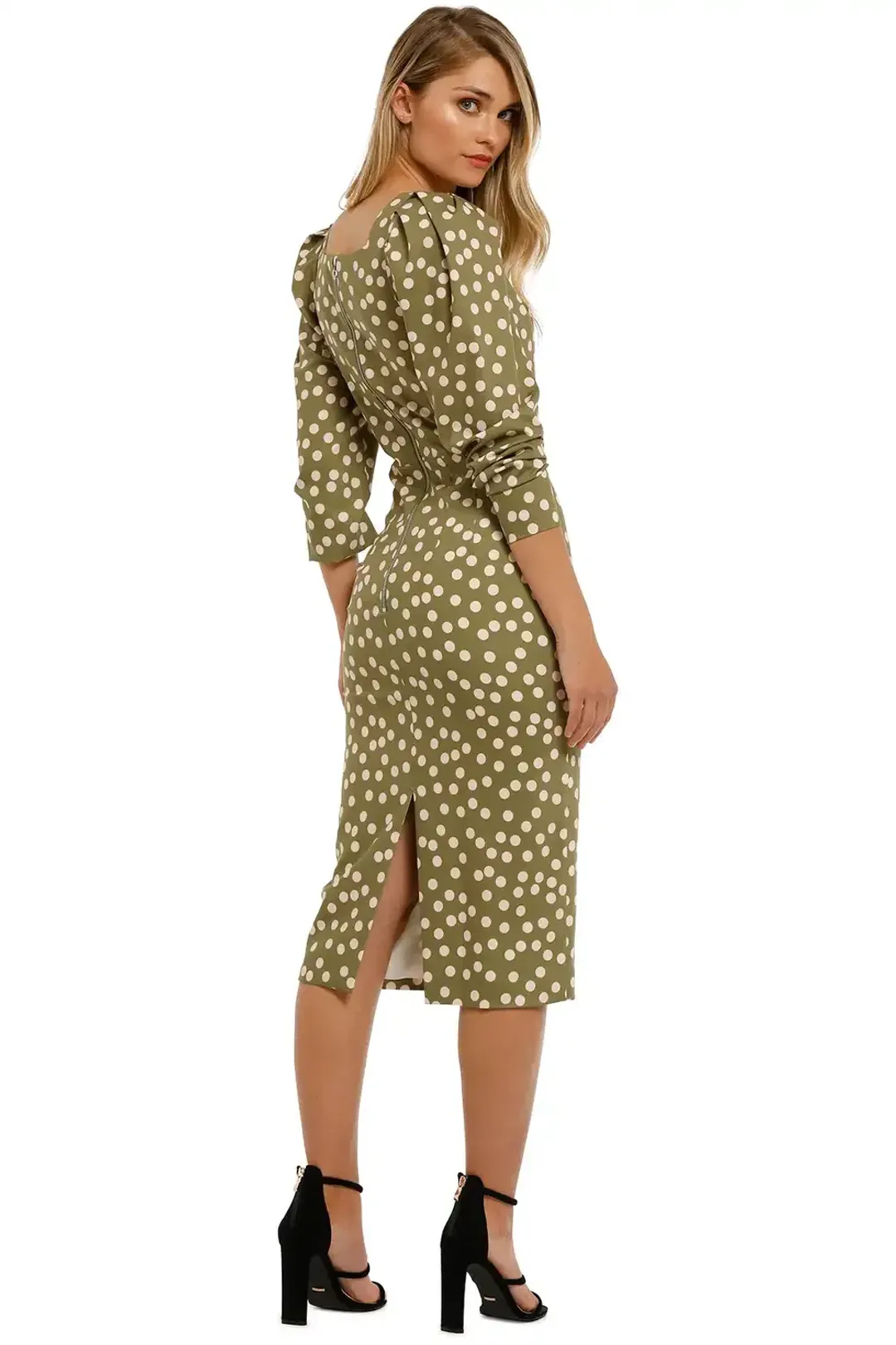 By Johnny Peach Polka V Plunge Midi Dress Olive Peach Size 12 for rent on The Volte - main image