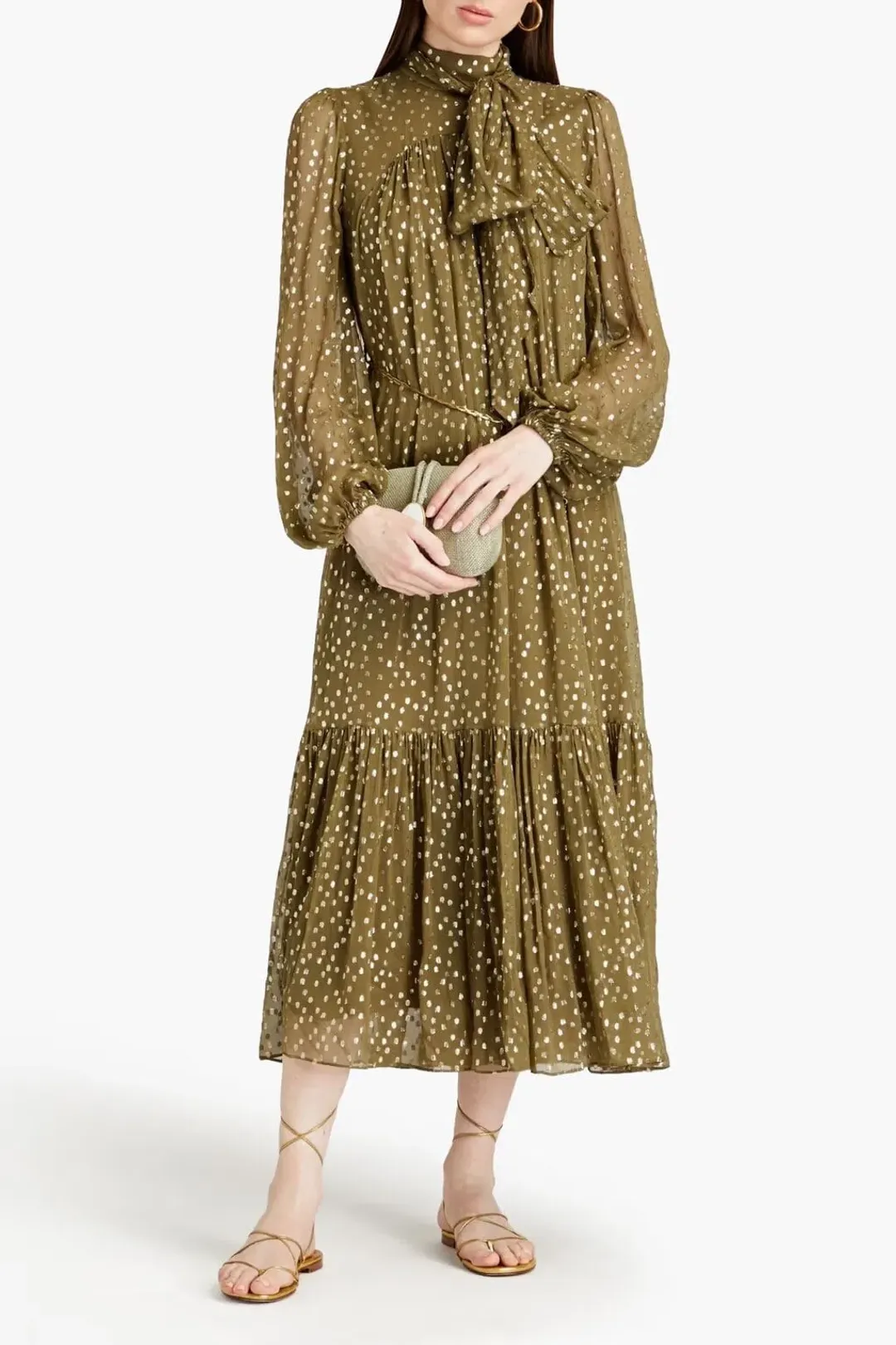 Zimmermann Billow Pussy-bow Metallic Fil Coupé Silk-blend Crepon Midi Dress Green Size AU 10 for rent on The Volte - main image