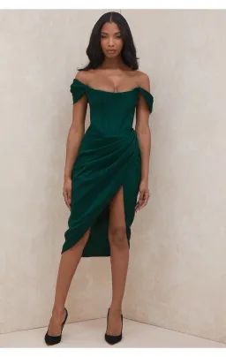 House of CB Loretta Satin Off Shoulder Dress Emerald Green Size L / AU 12 for rent on The Volte - image 1