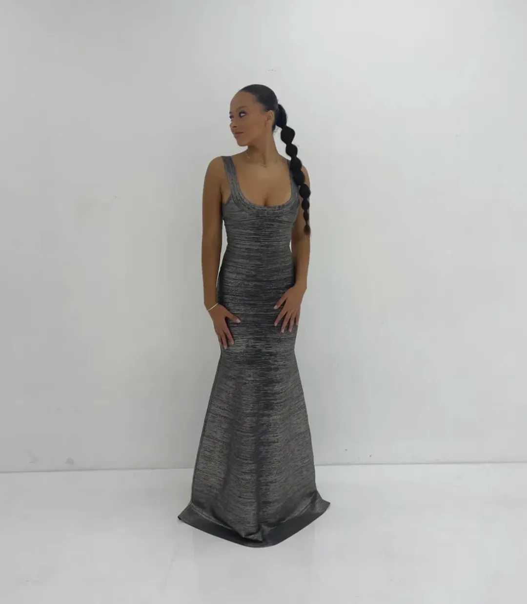 Herve Leger Foil Gown Grey Size S / AU 8 for rent on The Volte - main image