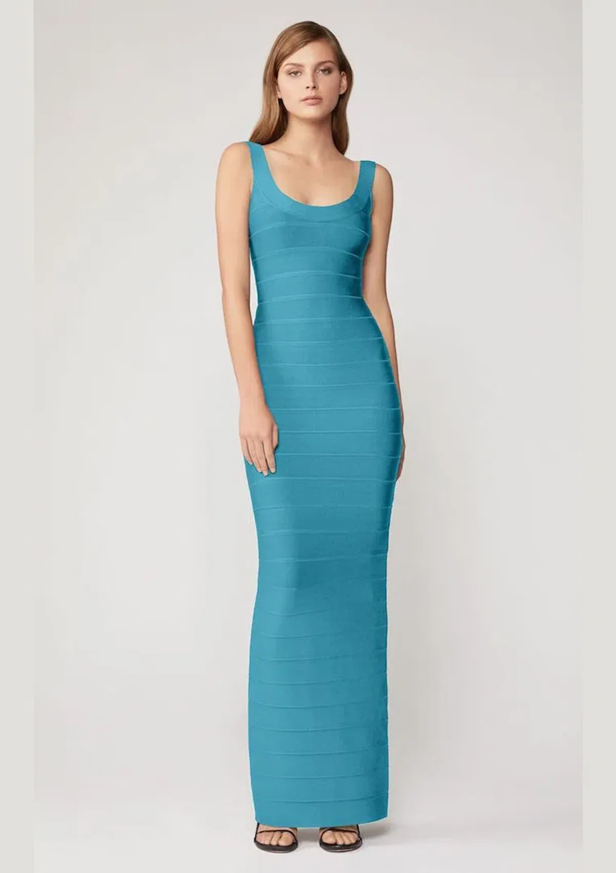 Herve Leger Round Neck Gown Turquoise Size 8  for rent on The Volte - main image