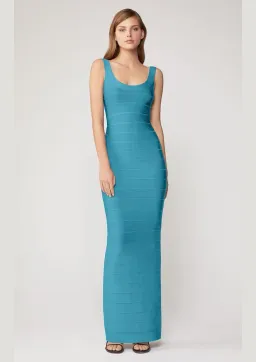 Herve Leger Round Neck Gown Turquoise Size 6 for rent on The Volte - image 1