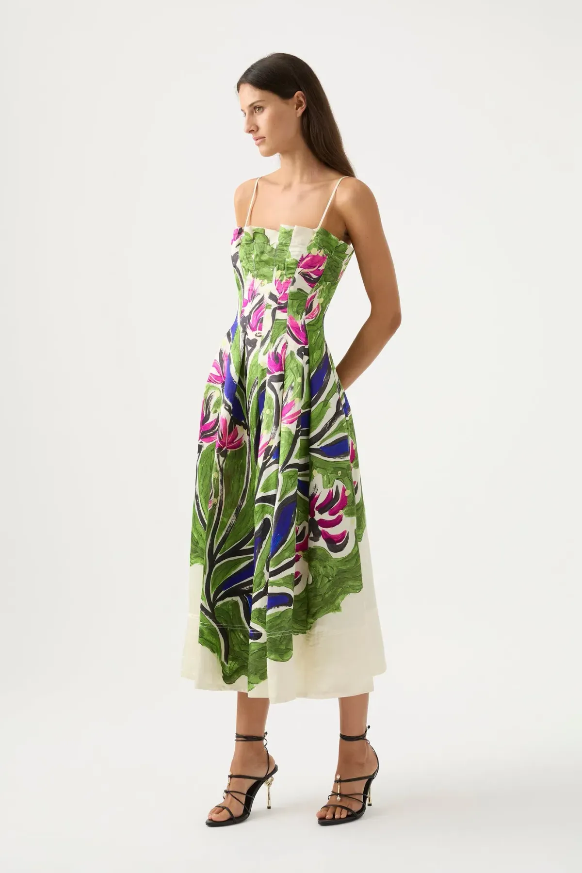 Aje Paradiso Green Floral Cinched Midi Dress Native Gumnut Floral Size 14 for rent on The Volte - main image