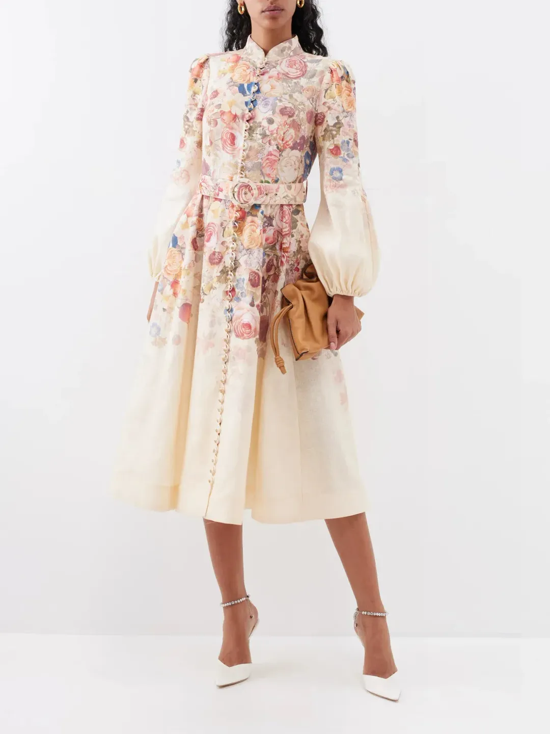 Zimmermann Luminosity Buttoned Midi Dress Morisot Cream Floral Print Size 2 / AU 12 for rent on The Volte - main image