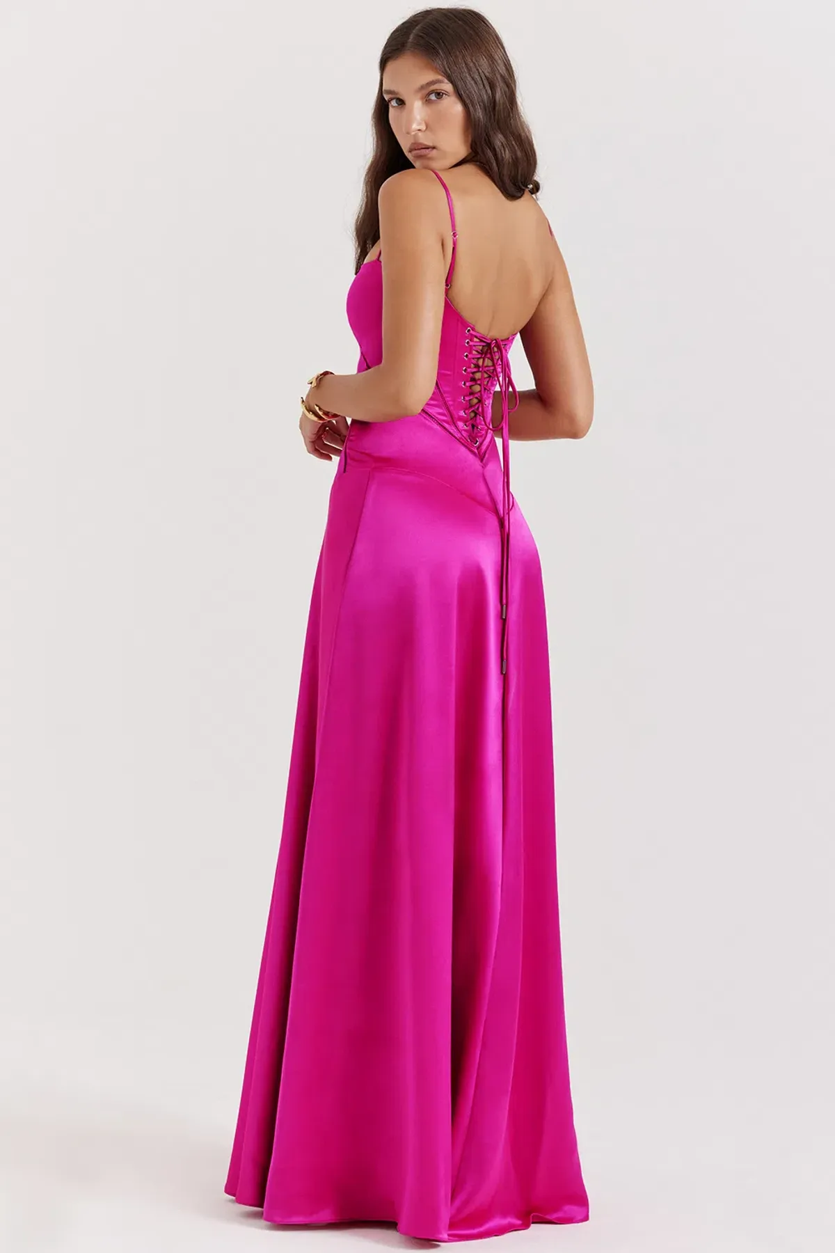 House of CB Anabella Seren Lace Up Corset Maxi Dress in Hot Pink Fuchsia Size M / Size AU 10  for rent on The Volte - main image