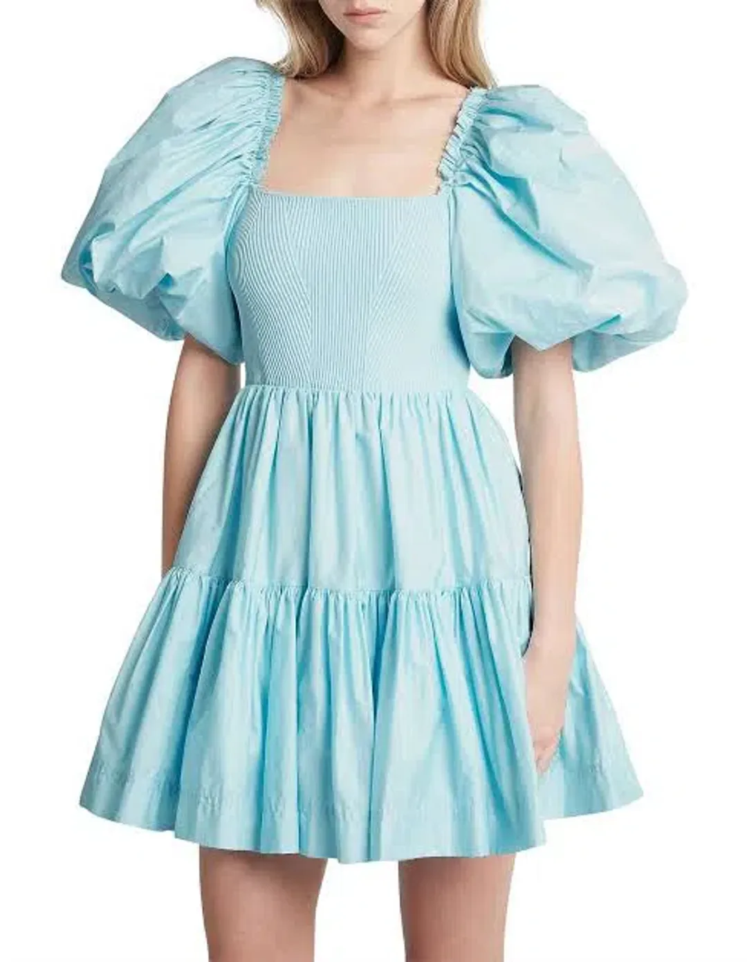  Aje Casa Puff Sleeve Mini Knit Dress Ice Blue Size 12 for rent on The Volte - main image