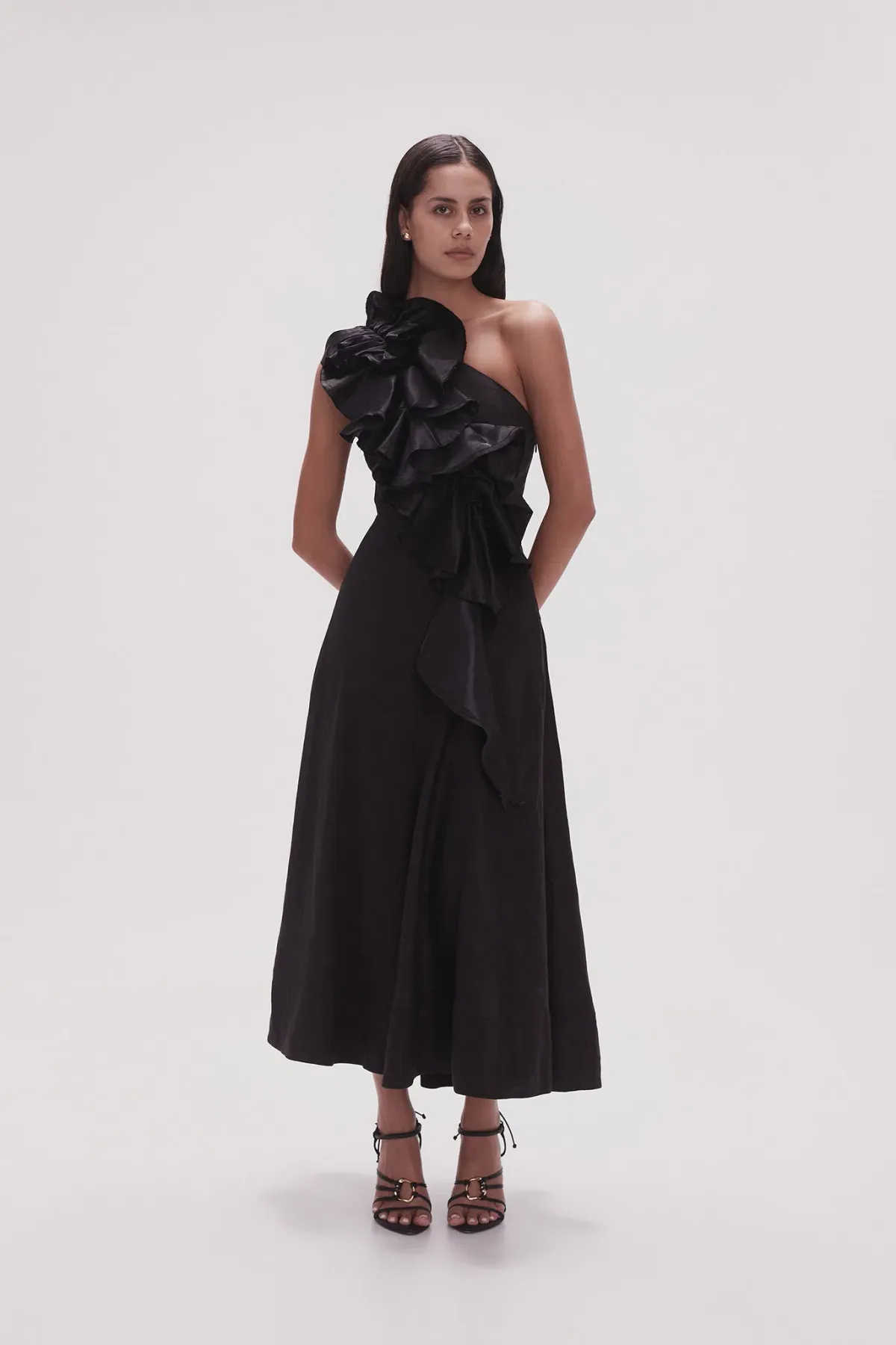 Aje Adelia Ruffle Midi Dress Black Size 10 for rent on The Volte - main image