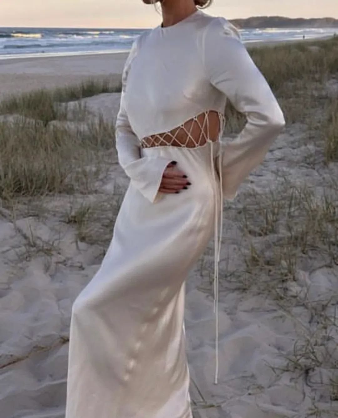 Shona Joy Arienzo Asymmetrical Lace Up Maxi Dress In Cream Size 6  for rent on The Volte - main image