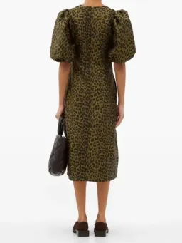 Ganni Puff Sleeve Leopard Jacquard Midi Dress Print Size 44 for rent on The Volte - image 2