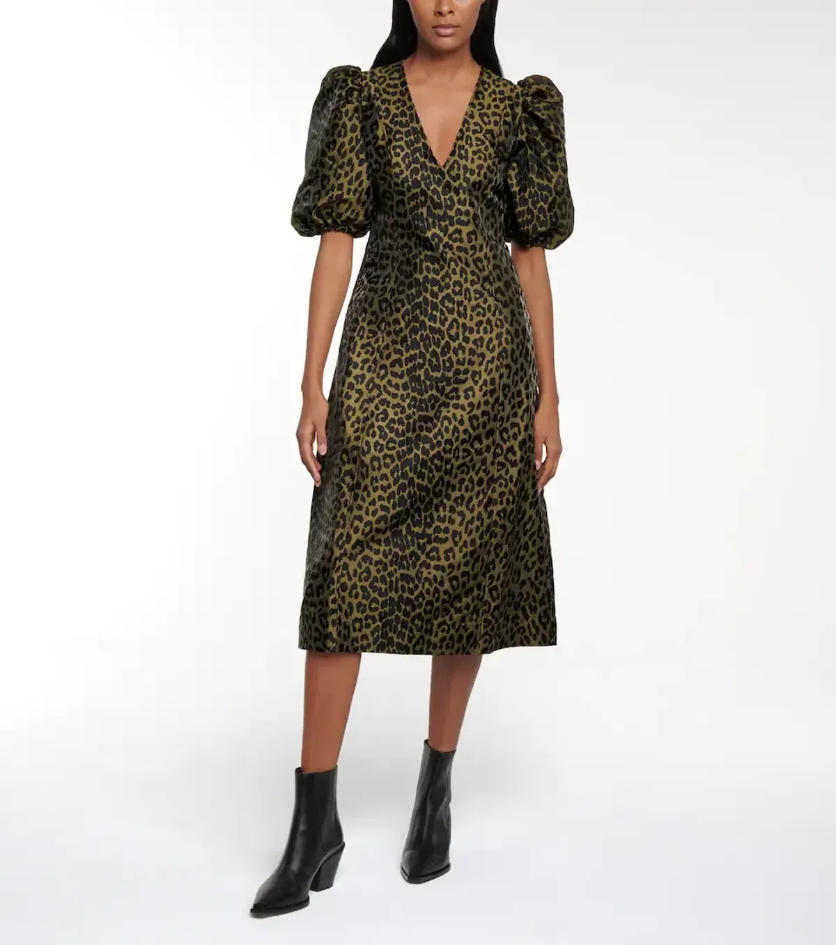 Ganni Puff Sleeve Leopard Jacquard Midi Dress Print Size 44 for rent on The Volte - main image