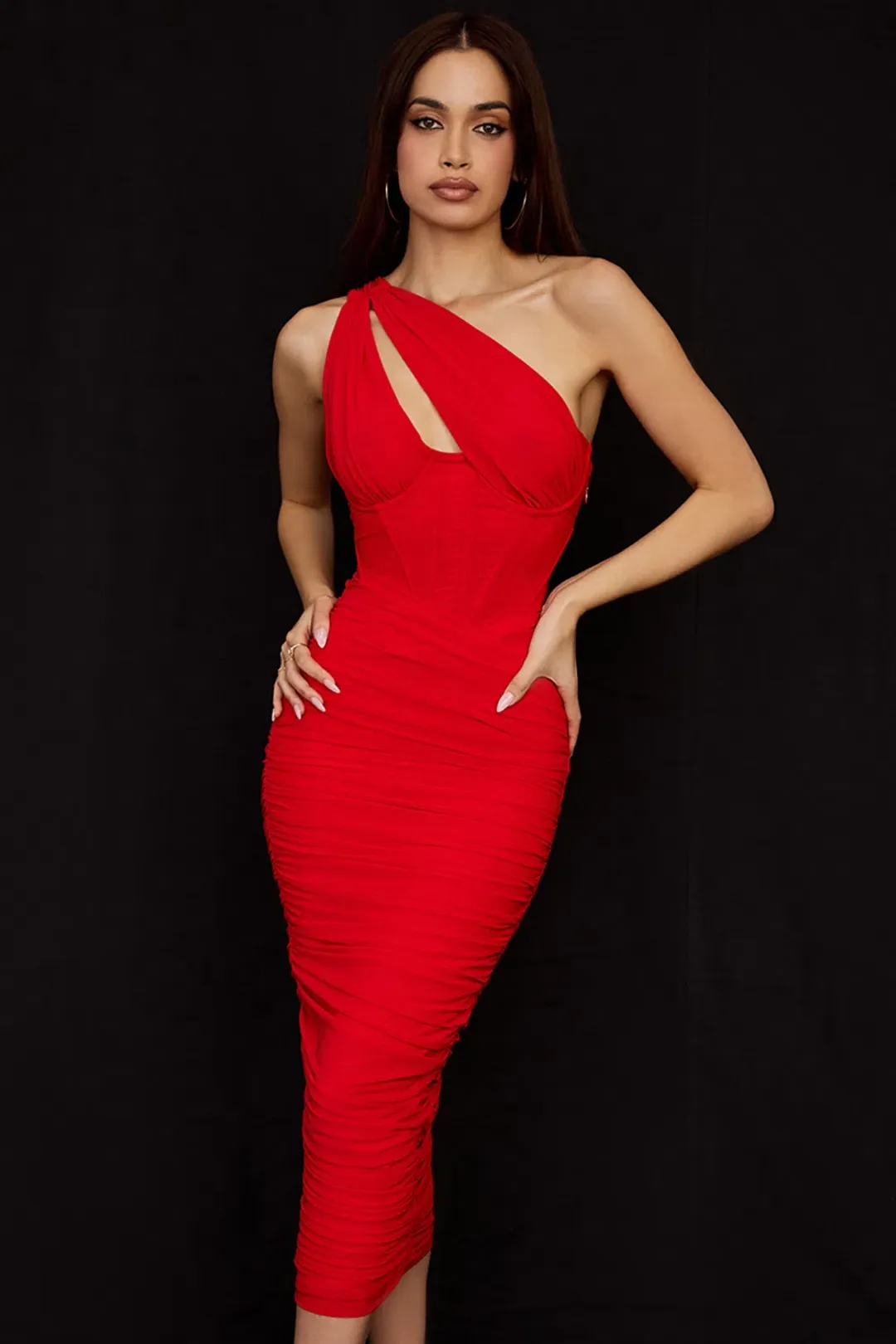 House of CB Valentina Asymmetric Cutout Midi Dress Scarlet Red Size 8 for rent on The Volte - main image