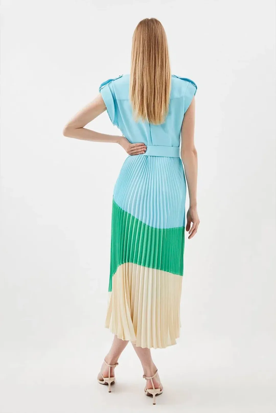 Karen Millen Colour Block Pleated Woven Midi Shirt Dress Multi Size 8 for rent on The Volte - main image