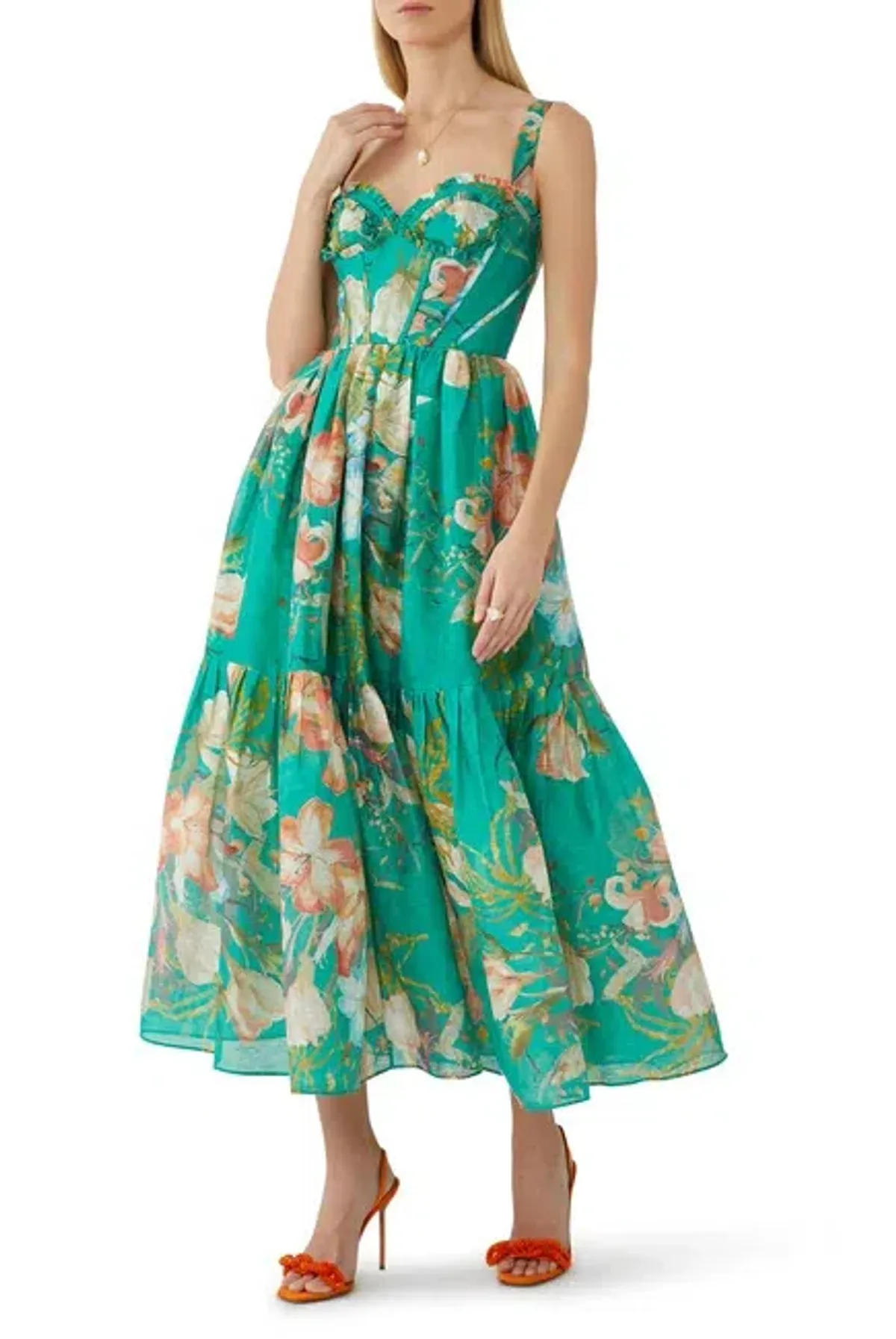 Leo Lin Rose Bustier Midi Dress In Opulent Print in Verdant Size 6 for rent on The Volte - main image
